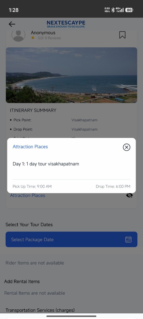 Experience detail screen with itinerary summary