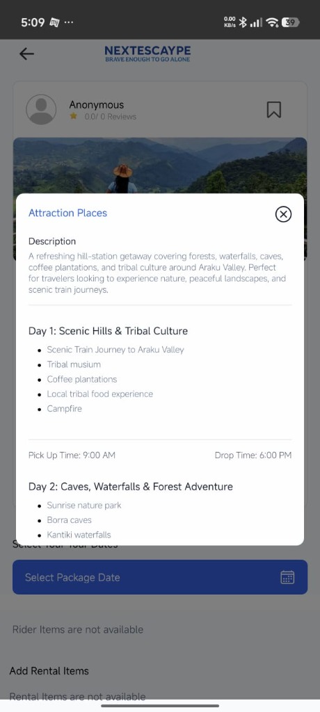 Araku Valley Tour Itinerary Screen